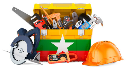 Myanmar flag painted on the toolbox. Service, repair and construction in Myanmar, concept. 3D rendering