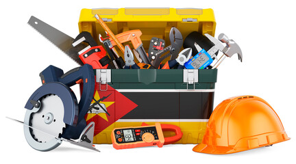 Mozambican flag painted on the toolbox. Service, repair and construction in Mozambique, concept. 3D rendering