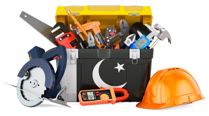 Pakistani flag painted on the toolbox. Service, repair and construction in Pakistan, concept. 3D rendering - obrazy, fototapety, plakaty