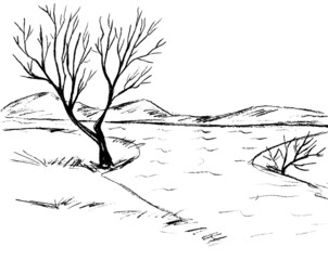 landscape with a bare black tree on a white background