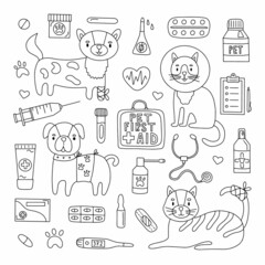 Hand drawn set for veterinary clinic. Pets and medicines for first aid. Doodle style vector illustration isolated on white background
