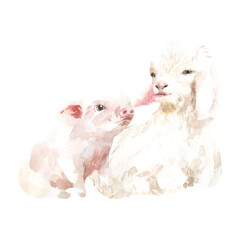 Watercolor farm animals together. domestic pet isolated cute spring flora animal. Nursery woodland illustration. Farmhouse Easter for baby shower invitation, nursery decor, print, greeting card