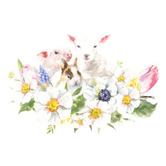Watercolor farm animals together. domestic pet isolated cute spring flora animal. Nursery woodland illustration. Farmhouse Easter for baby shower invitation, nursery decor, print, greeting card