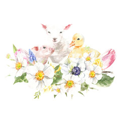 Watercolor farm animals together. domestic pet isolated cute spring flora animal. Nursery woodland illustration. Farmhouse Easter for baby shower invitation, nursery decor, print, greeting card