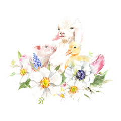 Watercolor farm animals together. domestic pet isolated cute spring flora animal. Nursery woodland illustration. Farmhouse Easter for baby shower invitation, nursery decor, print, greeting card