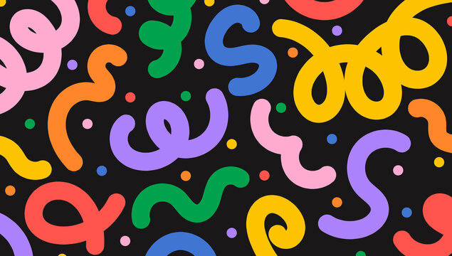 Fun colorful line doodle pattern on black background. Creative minimalist style art abstract background with bright cute elements. Simple childish scribble backdrop. Colorful swirl, circles, lines