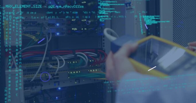 Animation of eye over hands of caucasisn man checking servers and data processing