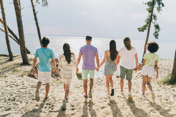 Back rear spine photo of group people ladies guys hold hands step relax rest near countryside...