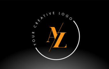 Orange AZ Serif Letter Logo Design with Creative Intersected Cut.