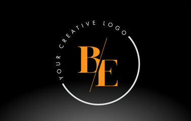Orange BE Serif Letter Logo Design with Creative Intersected Cut.