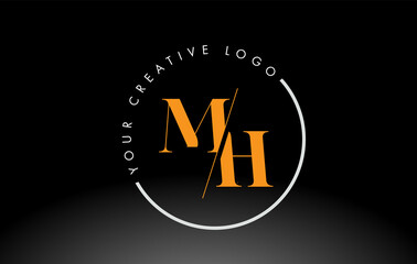 Orange MH Serif Letter Logo Design with Creative Intersected Cut.