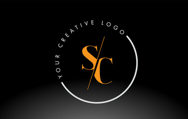 Orange SC Serif Letter Logo Design with Creative Intersected Cut.