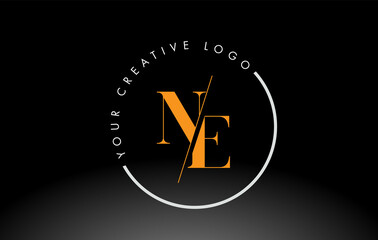 Orange NE Serif Letter Logo Design with Creative Intersected Cut.