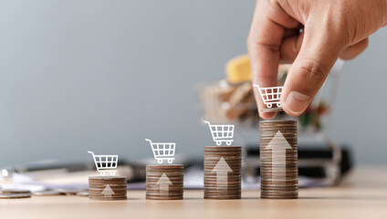 Hands placing shopping carts on stacked coins E-commerce business growth concept, inflation, rising...