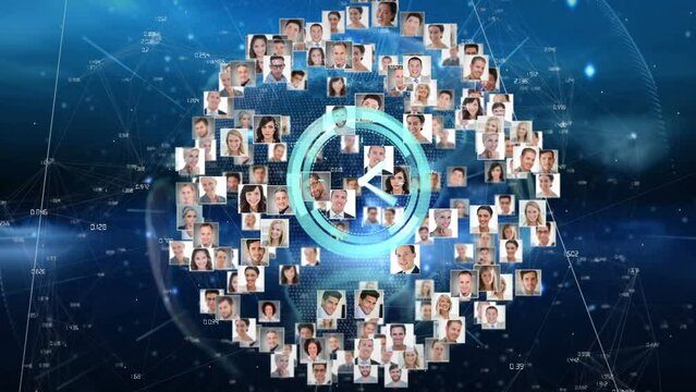 Animation of clock moving over rotating globe made of user photos - Powered by Adobe