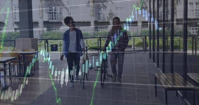 Animation of data processing over biracial male friends with bicycles