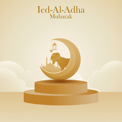 Islamic festival of sacrifice, Eid-Al-Adha Mubarak banner with mosque silhouette, and sheep in crescent moon. in podium