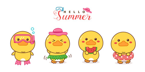 cute duck kawaii cartoon summer set.