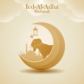 ied adha-01Islamic festival of sacrifice, Eid-Al-Adha Mubarak banner with mosque silhouette, and sheep in crescent moon.