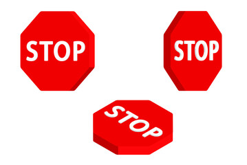 3D stop traffic sign vector set, isolated on white background, traffic rules concept, traffic sign with stop text collection from different angles, driver signboards, octagon shape warning signs