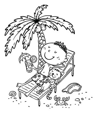 Outline illustration of child sunbathing at the beach under a palm tree