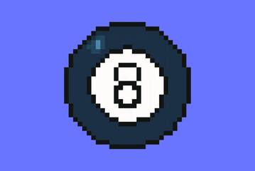 Billiard ball with number 8 pixel style illustration vector, 8-bit pool concept, colorful game idea, pixel art billiard ball, isolated on blue background, flat vector design, animation and video game