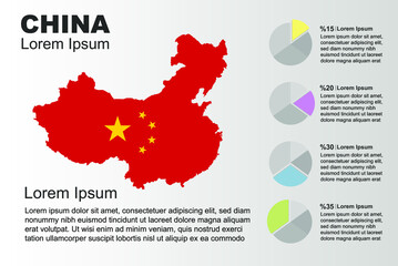 China infographic general use vector template with pie chart, copy space statistics idea, China country flag map with graphic, presentation idea, blank area graph for data, grey background