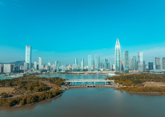Obraz premium Drone fly over Shenzhen city central business district, aerial panorama China.