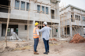 The engineer manager and foremen discussed and pointed to the site projects on the construction site to check the various functions.