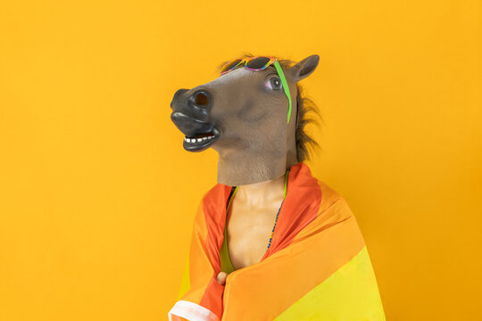 Happy gay female in surreal horse head mask wrapped with LGBT rainbow flag isolated on orange background