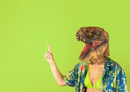 Woman in dinosaur animal mask showing advertisement, pointing at copy space for text. Business promo ad concept. Blank space isolated on green studio background.