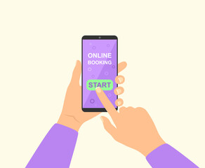 Hand with smartphone with application for online booking on the screen. Vector illustration in flat style