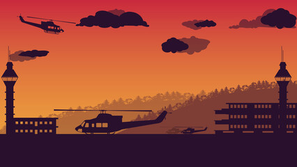 Fototapeta na wymiar silhouette of utility helicopter and air traffic control tower on orange gradient background