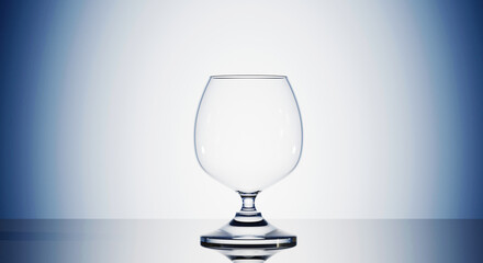3D Empty white clear luxury glass on shiny gradient dark blue background for some beverage like whiskey