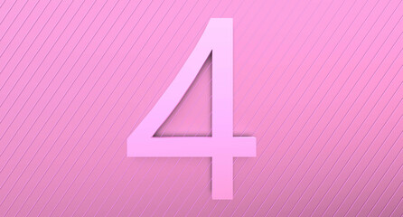 Number 4 on a pink background with reflection and neon stripes. Abstract number FOUR in pinkish color with reflection. 3D render.