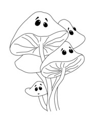 Five toadstool mushrooms of different sizes. Outline on a white background hand drawn illustration