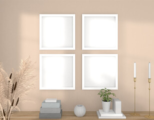 Fototapeta na wymiar Mock Up 4 white picture frames on the wall on a wooden board, 3D rendering, 3D illustration