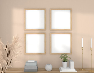 Mock up 4 wooden picture frames on the wall on a wooden board, 3D rendering, 3D illustration