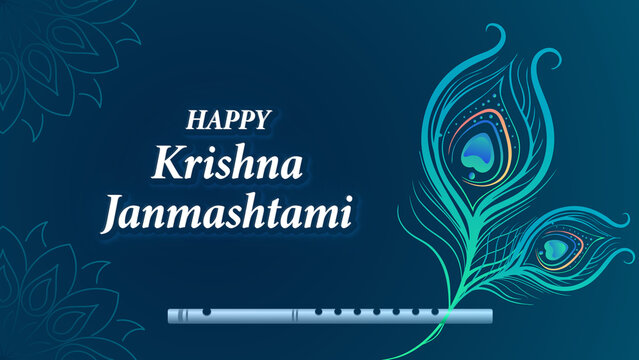  Lord Krishna Janmashtami festival banner design with flute & peacock 