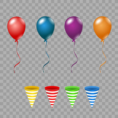 Festive illustration. Colored festive Balloons isolated on transparent background. Party popper.
