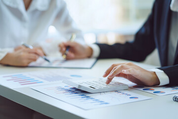 Group of business people brainstorm meeting presentation discussing planning strategy new business development working with new startup project in office.