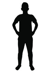 Standing young man vector silhouette, two hands on back, isolated on white background, fill with black color, shadow idea, human shape concept