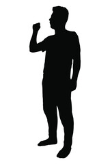 Man one fist in air vector silhouette, isolated on white background, victory feeling, fill with black color, shadow idea, celebrating concept