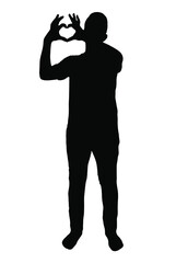 Man making heart shape with hands, vector silhouette, isolated on white background, fill with black color, shadow idea, love concept