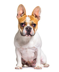 French bulldog looking at the camera, sitting, isolated on white