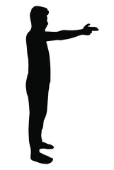 Man aiming with finger gun vector silhouette, sign and symbol, isolated on white background, fill with black color, shadow idea, violence concept