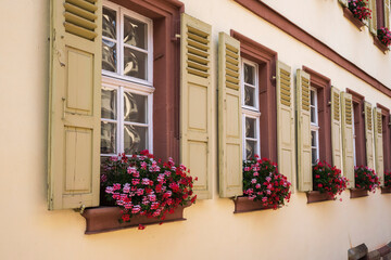 House facade with floral decorations in front of the windows with wooden shutters