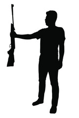 Man holding rifle vector silhouette, isolated on white background, fill with black color, shadow idea, gun and hunter concept