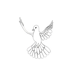 graphic black and white drawing of a flying dove hand drawn peace symbol on a white background
