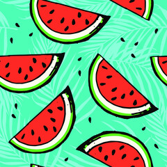 Seamless pattern with watermelons and tropical leaves. Summer trend background.